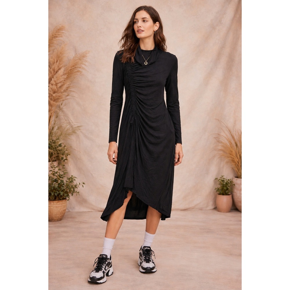 Anthropologie Daily Practice NWT Ruched Cowl Neck Midi Dress Heather Gray- L